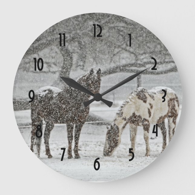 2 Horses Outside in Winter during Snowy Weather Large Clock (Front)