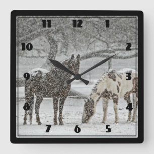 2 Horses Outside in Winter during Snowy Weather Square Wall Clock
