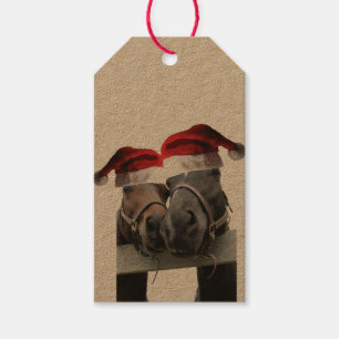 2 horses wearing Santa Claus Hats for Christmas Gift Tags