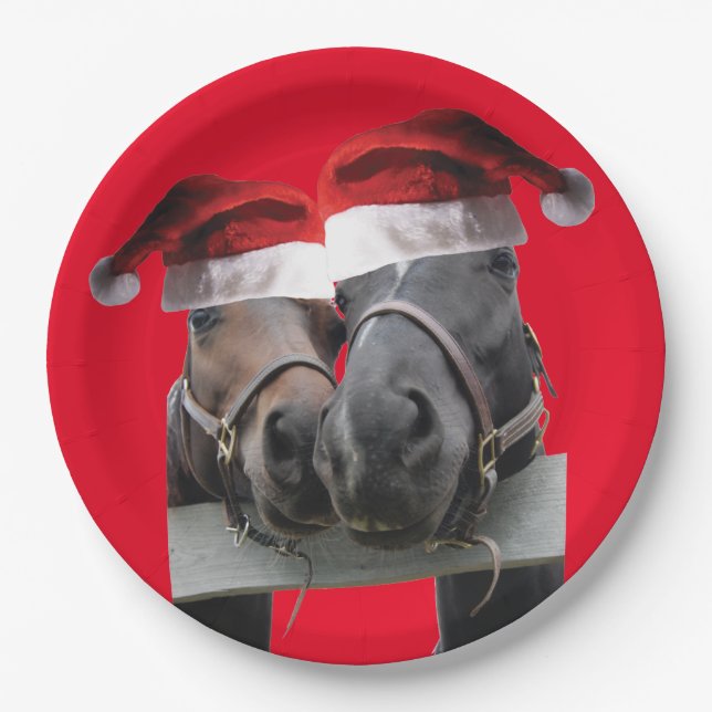 2 horses wearing Santa Claus Hats for Christmas Paper Plate (Front)