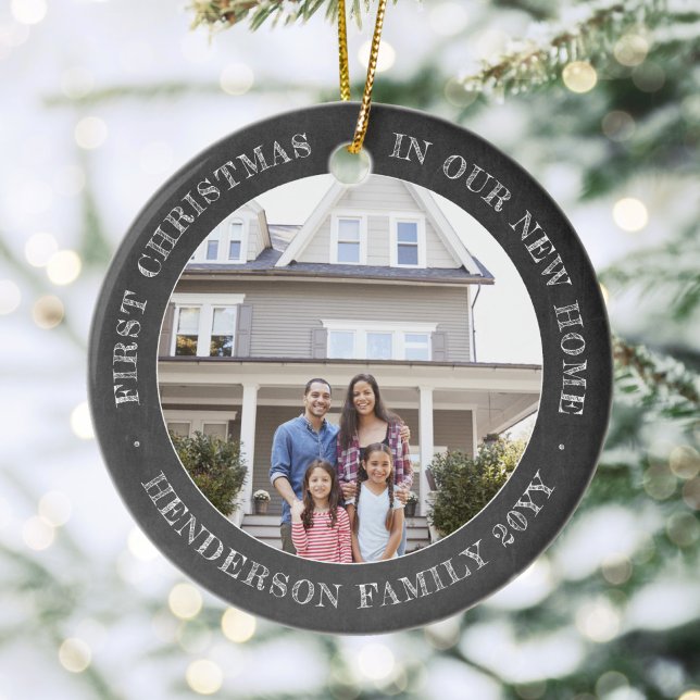 2 House Photos First Xmas New Home Faux Chalkboard Ceramic Ornament (Creator Uploaded)