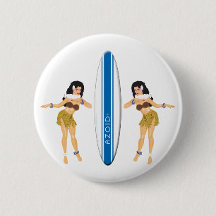 2 Hulas and Surf Board 6 Cm Round Badge