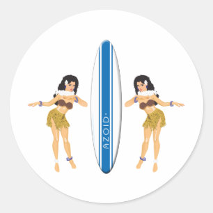 2 Hulas and Surf Board Classic Round Sticker