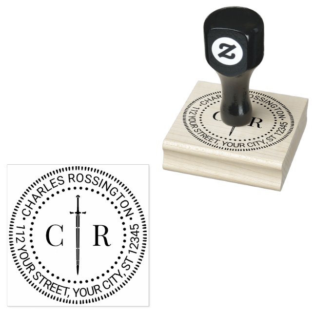 2 Initial Monogram Sword #1 Name Return Address  Rubber Stamp (Stamped)