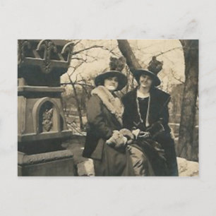 2 ladies with hats with feathers postcard