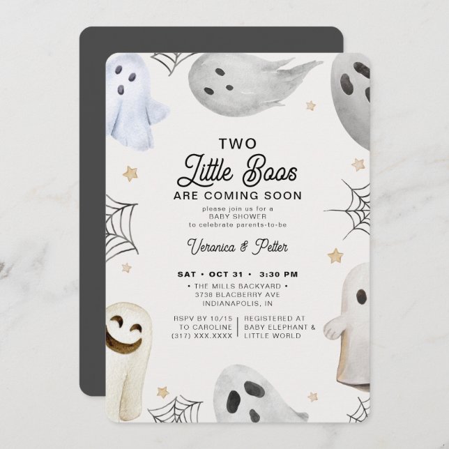 2 Little Boos Neutral Twins Halloween Baby Shower  Invitation (Front/Back)