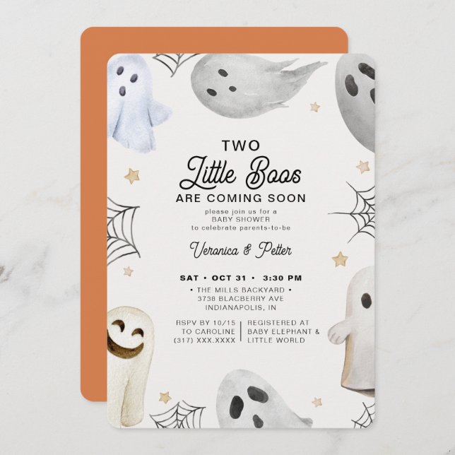 2 Little Boos Neutral Twins Halloween Baby Shower  Invitation (Front/Back)