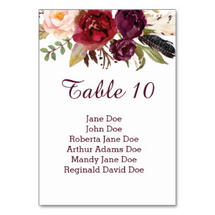 #2 Marsala Red White Roses Feathers Boho Table Number