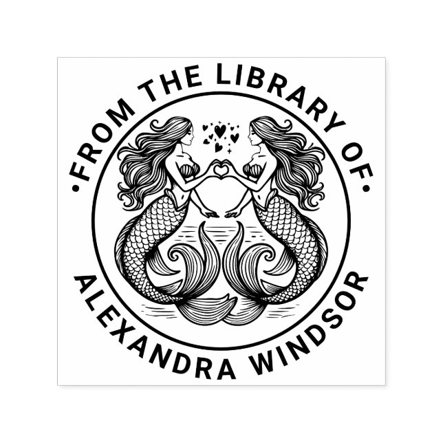 2 Mermaids Making Heart Sign Library Book Name Self-inking Stamp (Design)