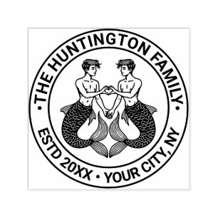 2 Mermen Making Heart Sign Family Name Date Estd Self-inking Stamp