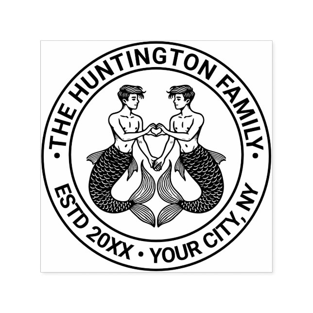 2 Mermen Making Heart Sign Family Name Date Estd Self-inking Stamp (Design)