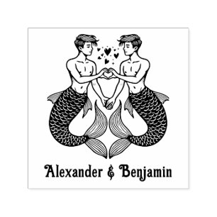 2 Mermen Making Heart Sign Wedding Couple Names Self-inking Stamp