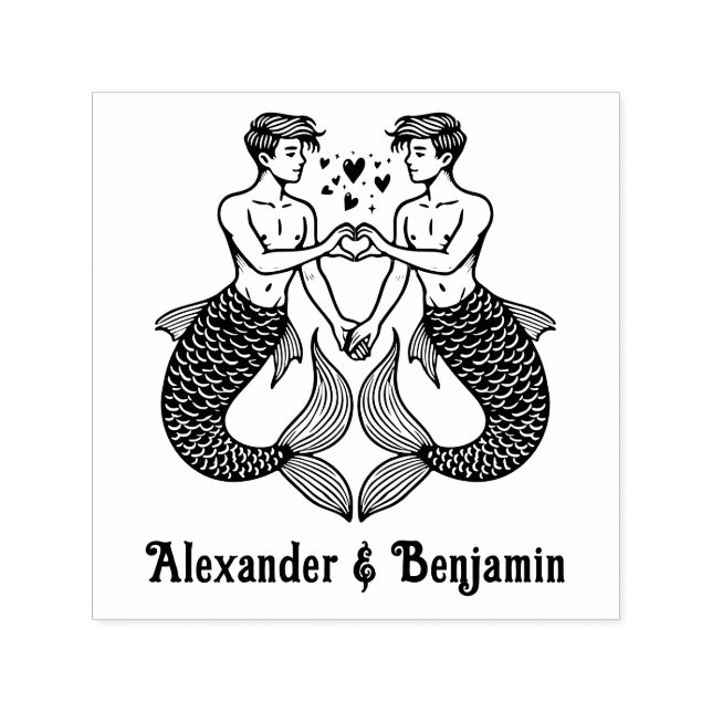 2 Mermen Making Heart Sign Wedding Couple Names Self-inking Stamp (Design)