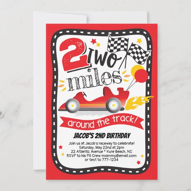 2 Miles Around the Track Race Car 2nd Birthday Invitation (Front)