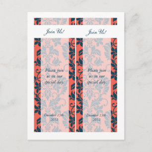 2 Navy and Coral Damask Save the Date Bookmarks Announcement Postcard