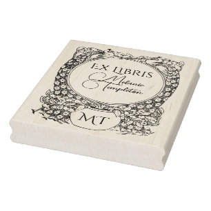 2 Peacocks Surrounding Potted Plant Ex Libris Name Rubber Stamp