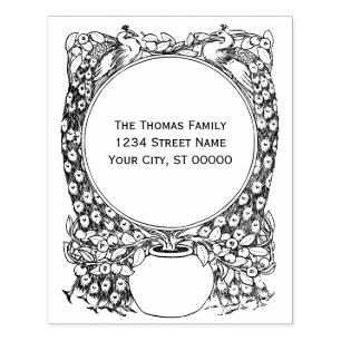 2 Peacocks Surrounding Potted Plant Name Address Rubber Stamp