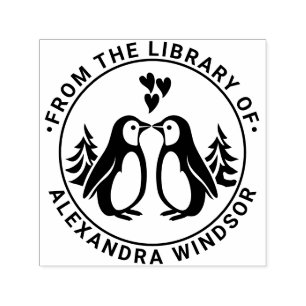 2 Penguins Kissing, Hearts Library Book Name Self-inking Stamp