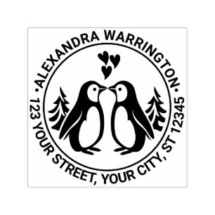 2 Penguins Kissing, Hearts Name Return Address Self-inking Stamp