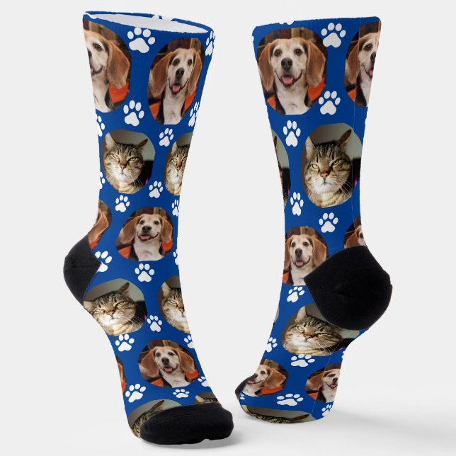 2 Pet Photo Paw Prints Cute Blue  Socks (Angled)