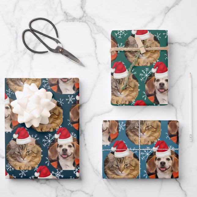 2 Pet Photo Santa Hat on Heads Blue Teal Wrapping  Wrapping Paper Sheet (Front)