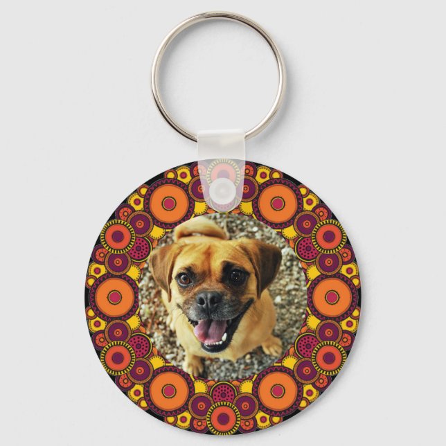 2 Pet Photos on Colourful Pattern Keychain (Front)
