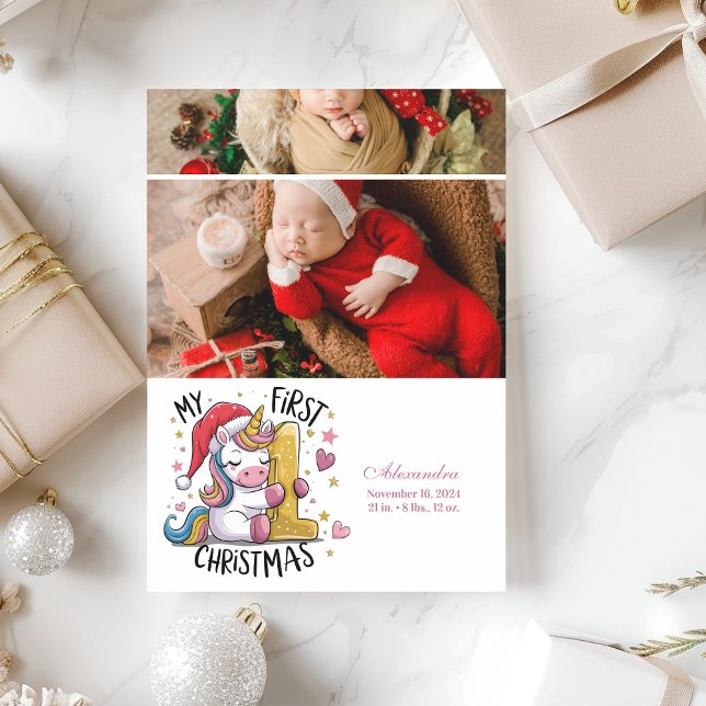 2 Photo 1st Baby Christmas Pink Gold Unicorn Holiday Card (Creator Uploaded)