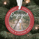 2 Photo 1st Christmas Engaged Elegant Red & White Ornament<br><div class="desc">Celebrate the joyful 1st holiday of your engagement with a custom 2 photo "Our First Christmas Engaged" round acrylic ornament. All text and images on this template are simple to personalise and can be different or the same on front and back. (IMAGE & TEXT DESIGN TIPS: 1) To adjust position...</div>