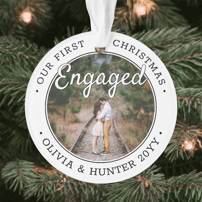 2 Photo 1st Christmas Engaged Modern Black & White Ornament (Creator Uploaded)