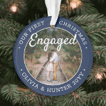 2 Photo 1st Christmas Engaged Navy Blue and White Ornament<br><div class="desc">Celebrate the joyful 1st holiday of your engagement with a custom 2 photo "Our First Christmas Engaged" round acrylic ornament. All text and images on this template are simple to personalise and can be different or the same on front and back. (IMAGE & TEXT DESIGN TIPS: 1) To adjust position...</div>