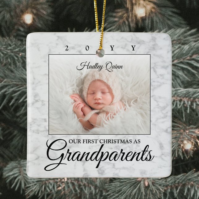 2 Photo 1st Christmas Grandparents Faux Marble Ceramic Ornament (Creator Uploaded)