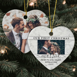 2 Photo 1st Christmas Married Faux Marble Heart Ceramic Ornament