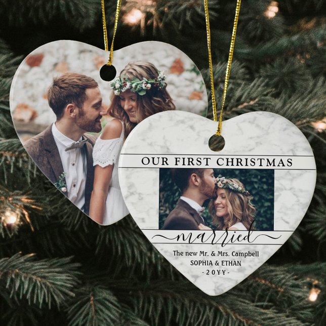 2 Photo 1st Christmas Married Faux Marble Heart Ceramic Ornament (Creator Uploaded)