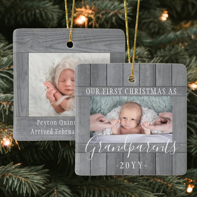 2 Photo 1st Xmas Grandparents Gray Faux Wood Ceramic Ornament (Creator Uploaded)