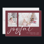 2 Photo 2025 Calendar Joyful Christmas Burgundy Holiday Card<br><div class="desc">Modern 2 Photos Family Script 2025 Calendar Joyful Christmas Burgundy. Available digitally and printed. Simply replace the two sample photos with your own and personalise with your names. Joyful is in a stylish playful set script in white which can be changed to another colour if you so wish. On the...</div>