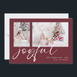2 Photo 2026 Calendar Joyful Christmas Burgundy Holiday Card<br><div class="desc">Modern 2 Photos Family Script 2026 Calendar Joyful Christmas Burgundy. Available digitally and printed. Simply replace the two sample photos with your own and personalise with your names. Joyful is in a stylish playful set script in white which can be changed to another colour if you so wish. On the...</div>