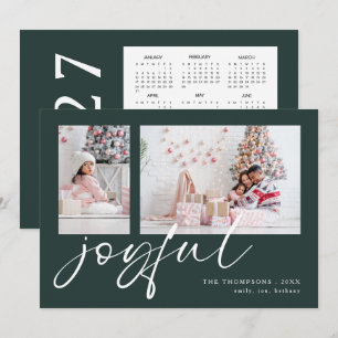 2 Photo 2027 Calendar Joyful Christmas Green Holiday Card