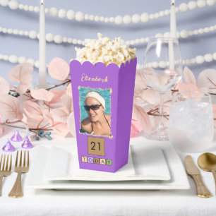 2 photo add name 21st *any age purple popcorn favour box