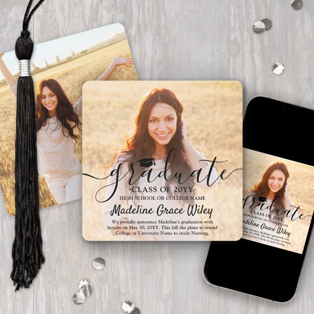 2 Photo and Black Script Overlay Square Graduation Announcement (Creator Uploaded)