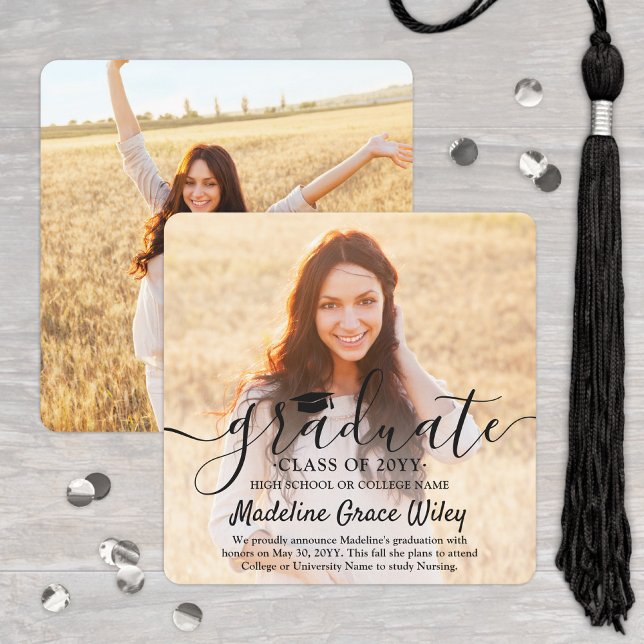 2 Photo and Black Script Overlay Square Graduation Announcement (Creator Uploaded)