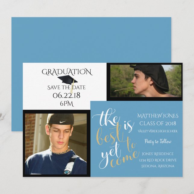 2 PHOTO and CHOOSE COLOR White Blue Graduation Invitation (Front/Back)