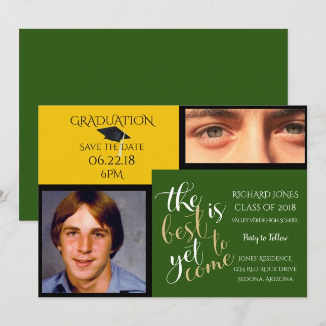 2 PHOTO and CHOOSE COLOR Yellow Green Graduation Invitation (Front/Back)