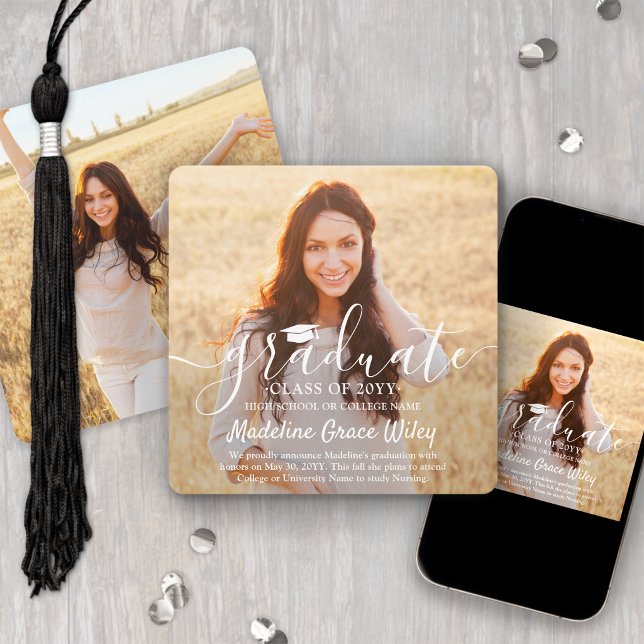 2 Photo and White Script Overlay Square Graduation Announcement (Creator Uploaded)