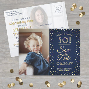 2 Photo Any Age Birthday Navy Gold Save the Date Invitation Postcard