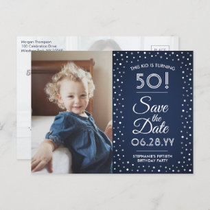 2 Photo Any Age Birthday Navy Silver Save the Date Invitation Postcard
