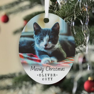 2 Photo Any Text Meowy Christmas Cat Simple Script Metal Tree Decoration