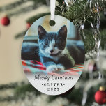 2 Photo Any Text Meowy Christmas Cat Simple Script Metal Tree Decoration<br><div class="desc">Celebrate the simple joys of your furry family member with a custom 2 photo oval metal ornament. Text and kitten pictures on this template are simple to personalise and can be different or the same on front and back. If preferred, change "Meowy Christmas" to any message you choose. Ornament can...</div>