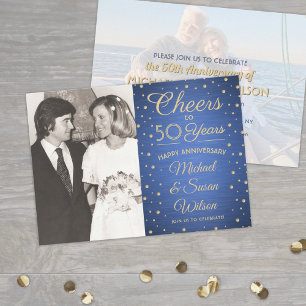 2 Photo ANY YEAR Anniversary Cheers Blue and Gold Invitation