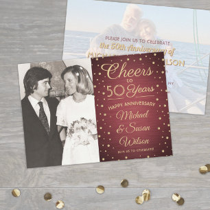 2 Photo ANY YEAR Anniversary Cheers Burgundy Gold Invitation