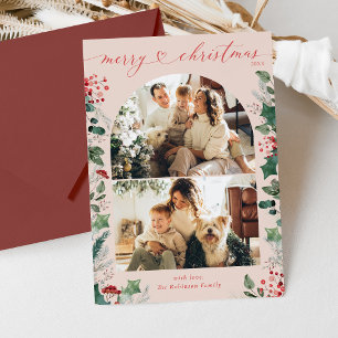2 Photo Arch Boho Pink Merry Christmas Card